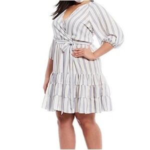 Maison Tara NWT Striped Mini Dress Tiered Ruffle‎ Tie Waist 3/4 Sleeve 20W